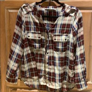 Blue-Burgundy-Cream Plaid Rilo Button-Up Blouse